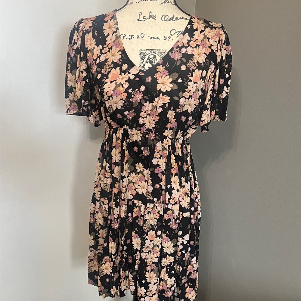 Angie Black Floral V-Neck Mini Dress with Butterfly Sleeves